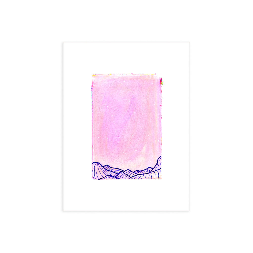 A 9x12 pink and blue abstract painting by Christopher Reilly. Unframed and laid flat against a solid white background.