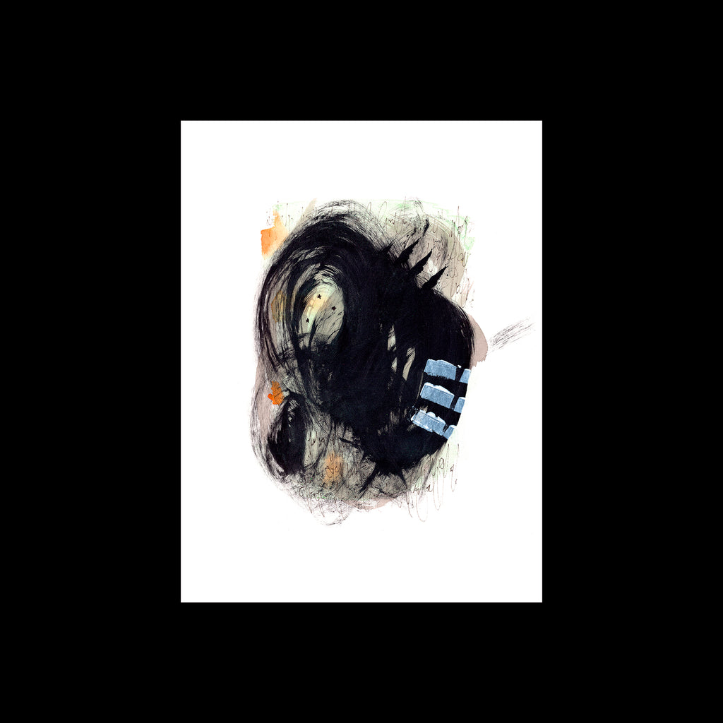 9x12 original abstract painting by Christopher Reilly. Black and green post-graffiti style with orange and white highlights. Shown laid flat on a solid black background.