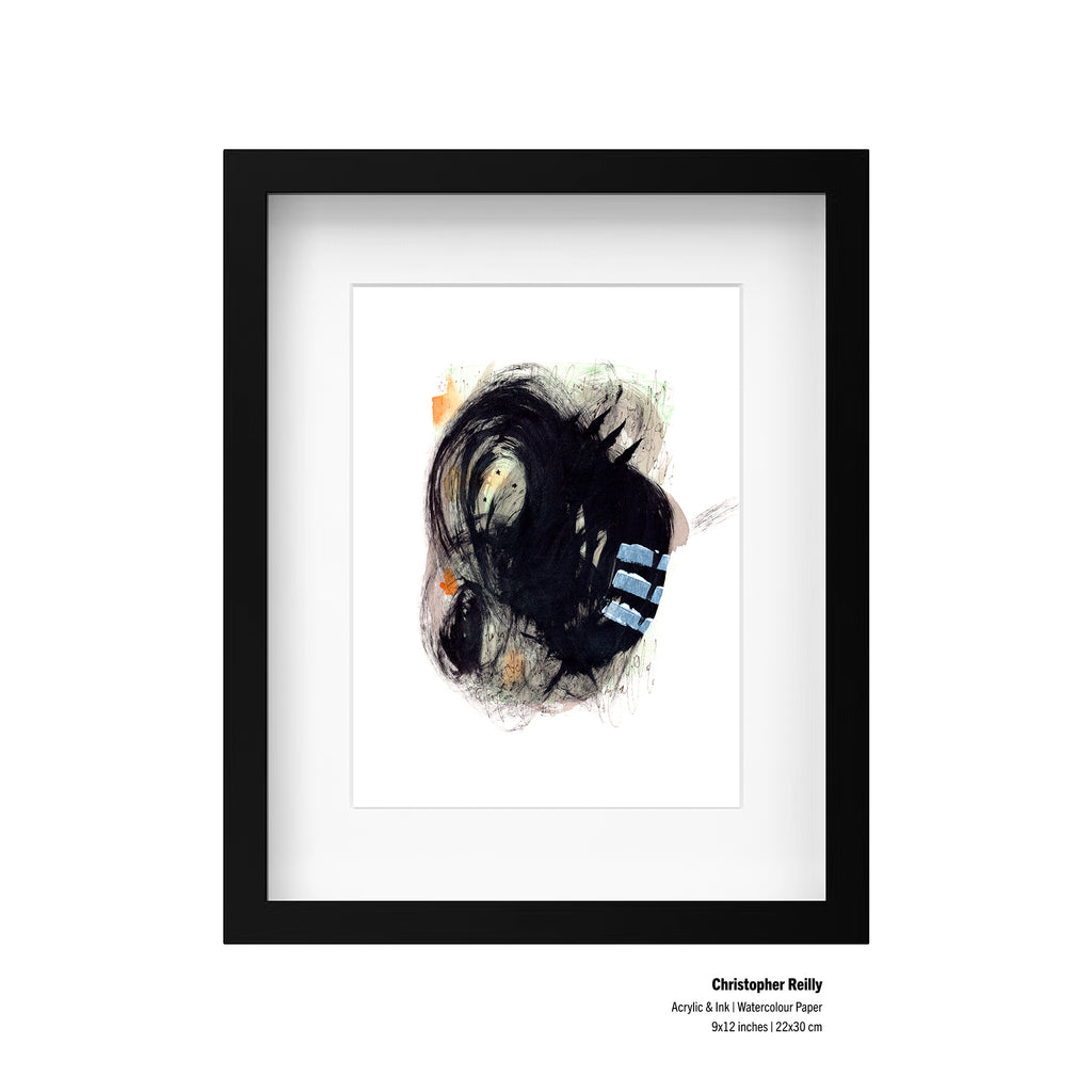 9x12 original abstract painting by Canadian artist Christopher Reilly. Black and green post-graffiti style with orange and white highlights. Displayed in frame, artist and material information listed in bottom right corner.