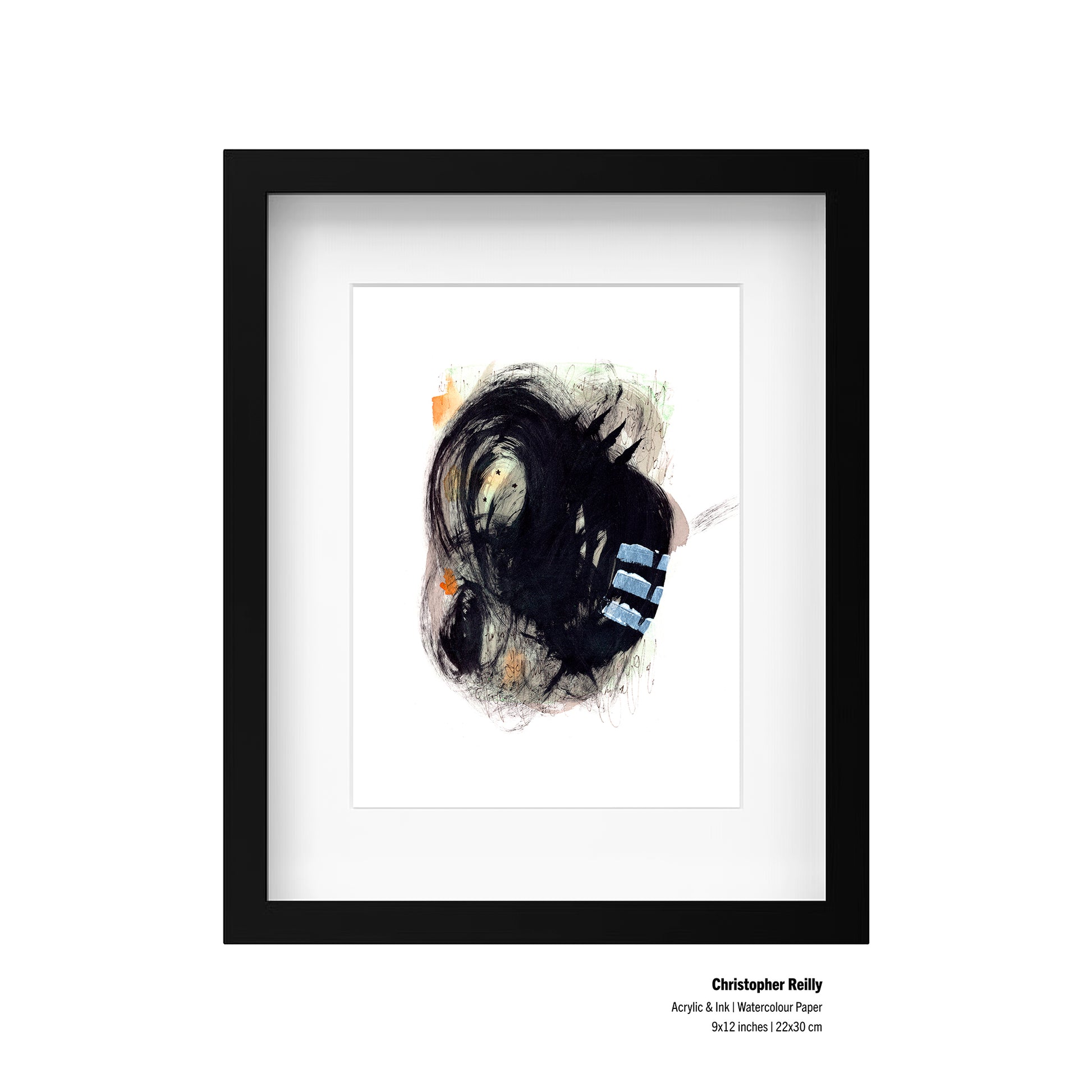 9x12 original abstract painting by Canadian artist Christopher Reilly. Black and green post-graffiti style with orange and white highlights. Displayed in frame, artist and material information listed in bottom right corner.
