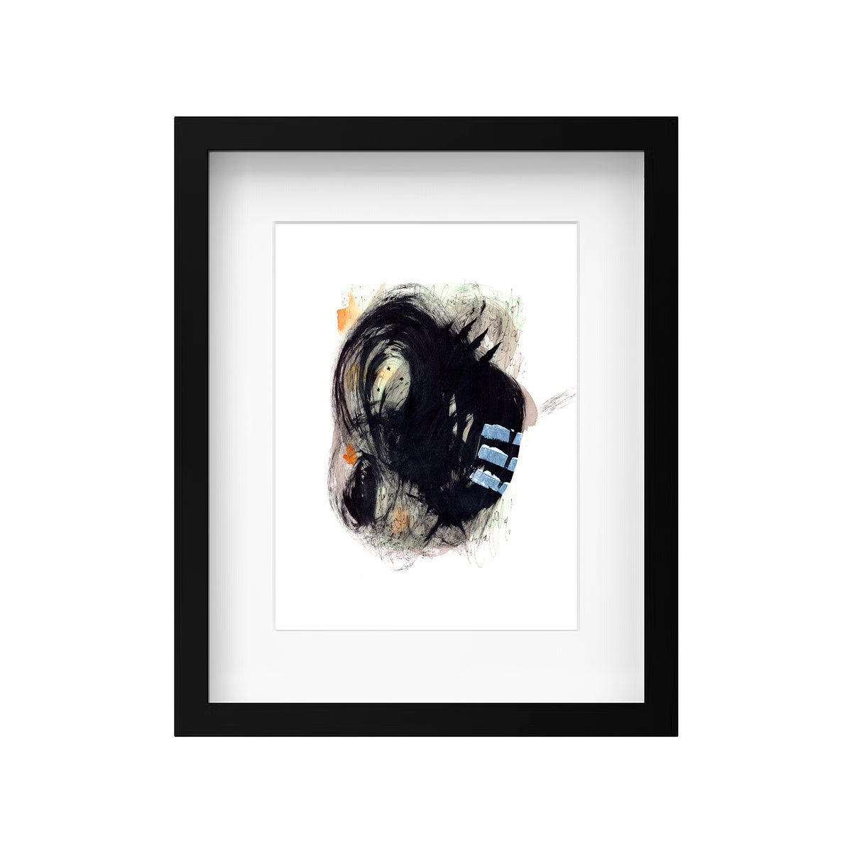 9x12 original abstract painting by Christopher Reilly. Black and green post-graffiti style with orange and white highlights. Shown in frame on solid white background.