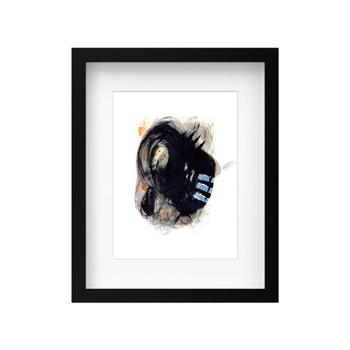 9x12 original abstract painting by Christopher Reilly. Black and green post-graffiti style with orange and white highlights. Shown in frame on solid white background.