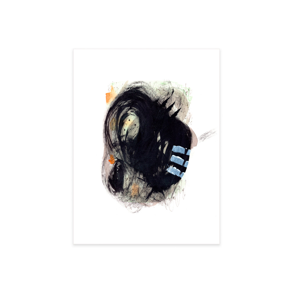 9x12 original abstract painting by St. Catharines Ontario artist Christopher Reilly. Black and green post-graffiti style with orange and white highlights. Displayed flat on solid white background.