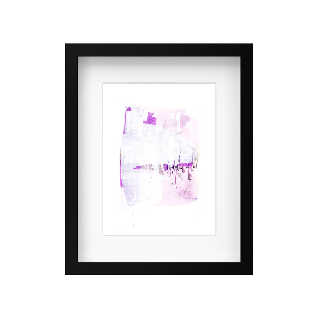 9x12 original abstract painting by Christopher Reilly. Pink and purple post-graffiti style with acrylic and ink. Framed with a modern black frame against a solid white background.