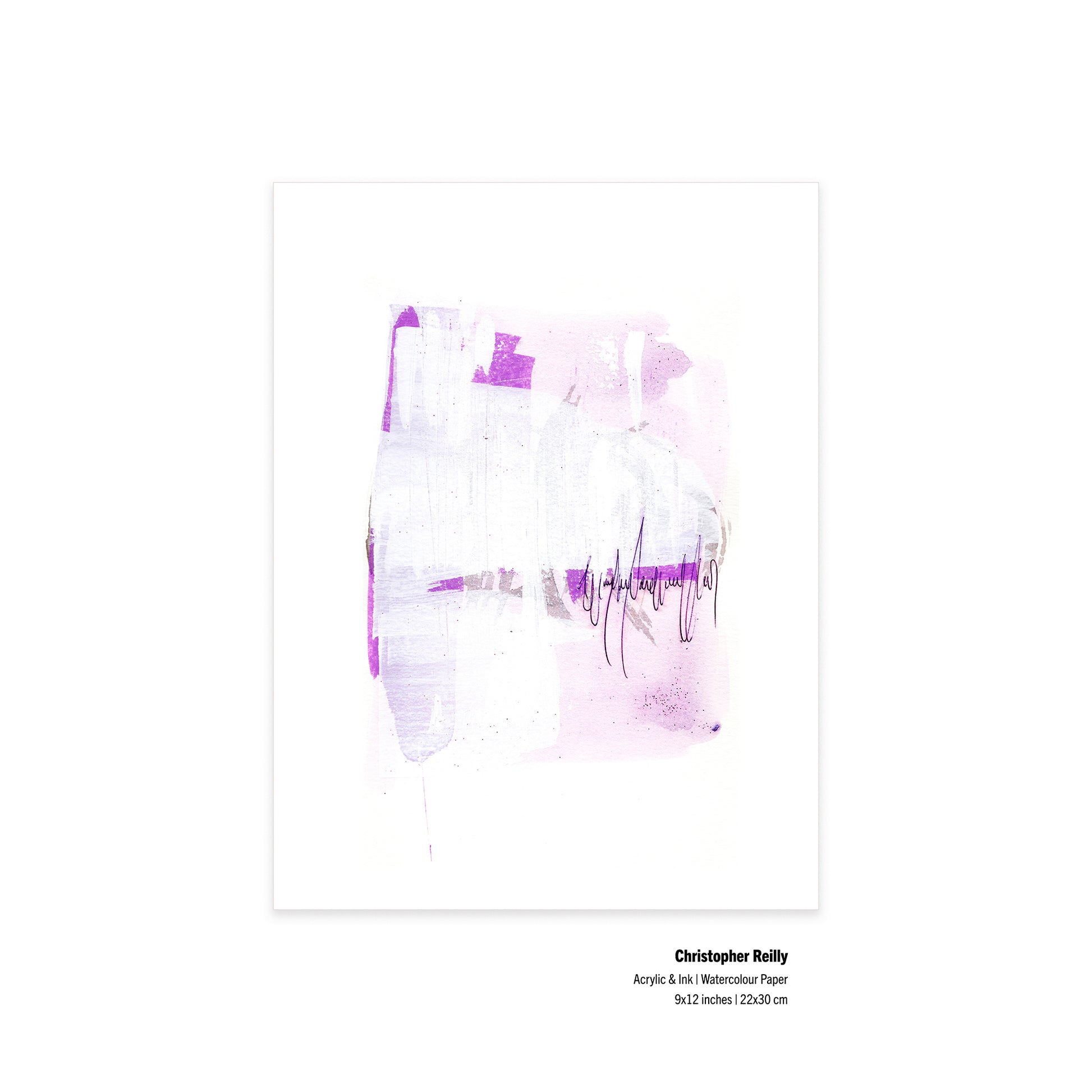 9x12 original abstract painting by Canadian artist Christopher Reilly. Pink and purple post-graffiti style with acrylic and ink. Laid flat against a solid white background. Artist and material information displayed in the bottom right corner.