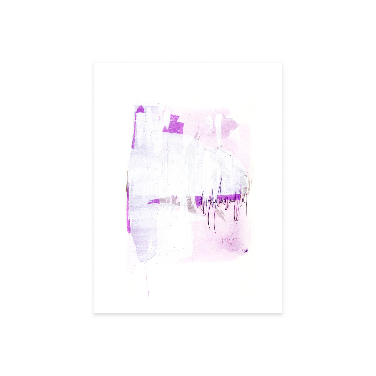 9x12 original abstract painting by Christopher Reilly. Pink and purple post-graffiti style with acrylic and ink. This muted piece of art is displayed flat against a bright white background.