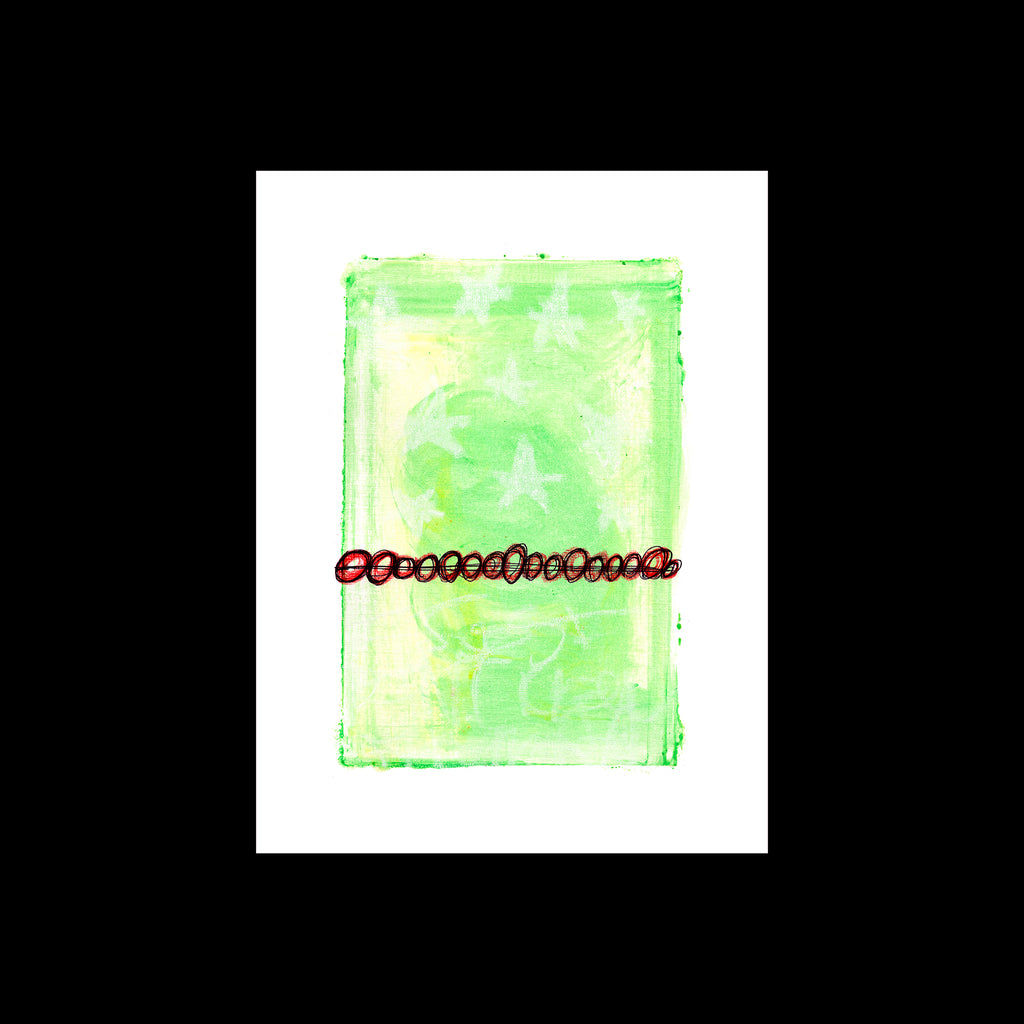 9x12 original abstract painting by Canadian artist Christopher Reilly. Lime green and yellow post-graffiti style on watercolor paper. Laid flay against a black background.