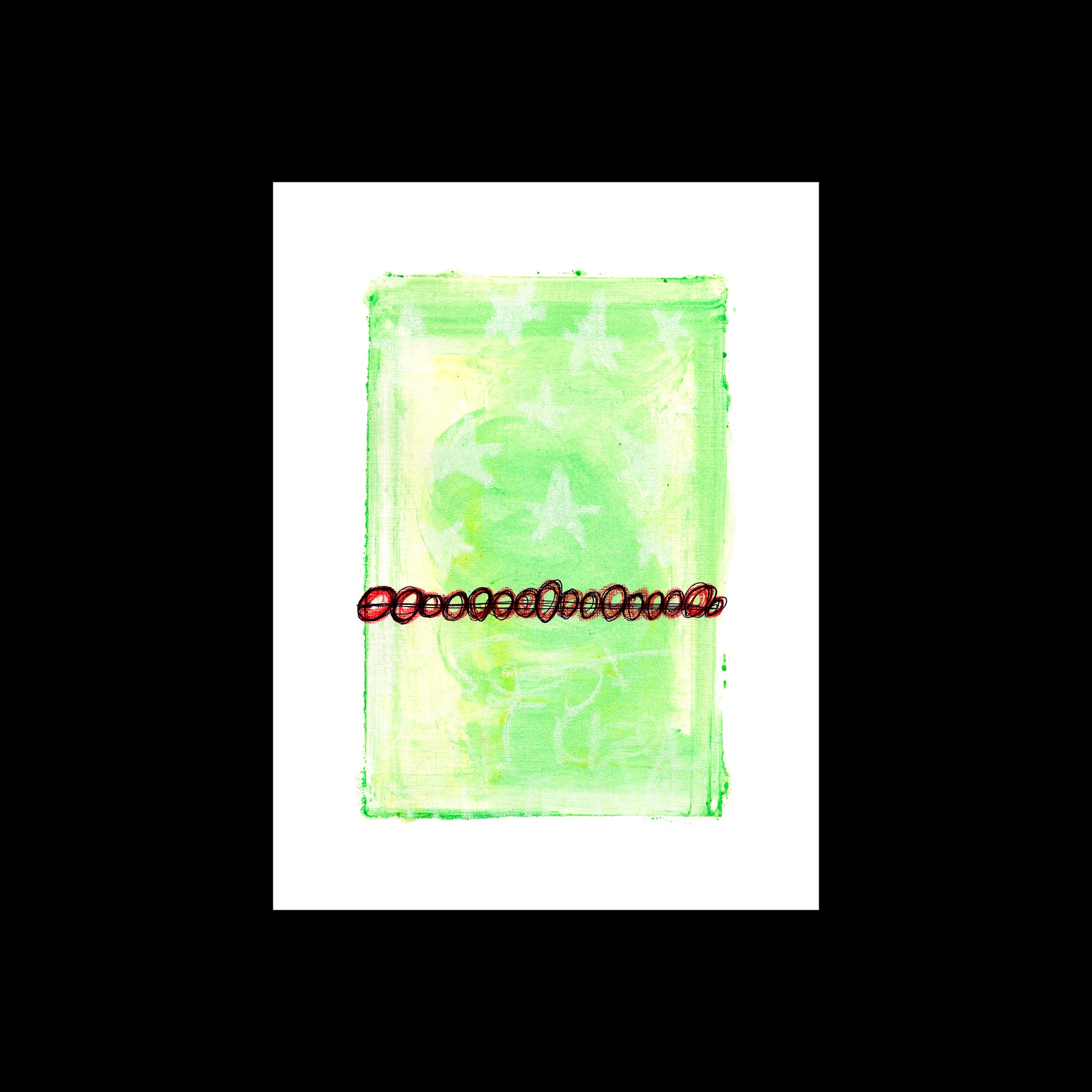 9x12 original abstract painting by Canadian artist Christopher Reilly. Lime green and yellow post-graffiti style on watercolor paper. Laid flay against a black background.