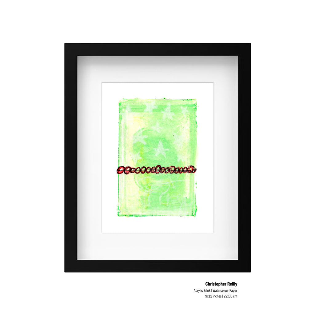 Framed abstract painting featuring a textured light green rectangular composition with a horizontal red dotted line, presented in a black frame with a white mat. The painting is displayed on a clean white background with artist text details at the bottom right.