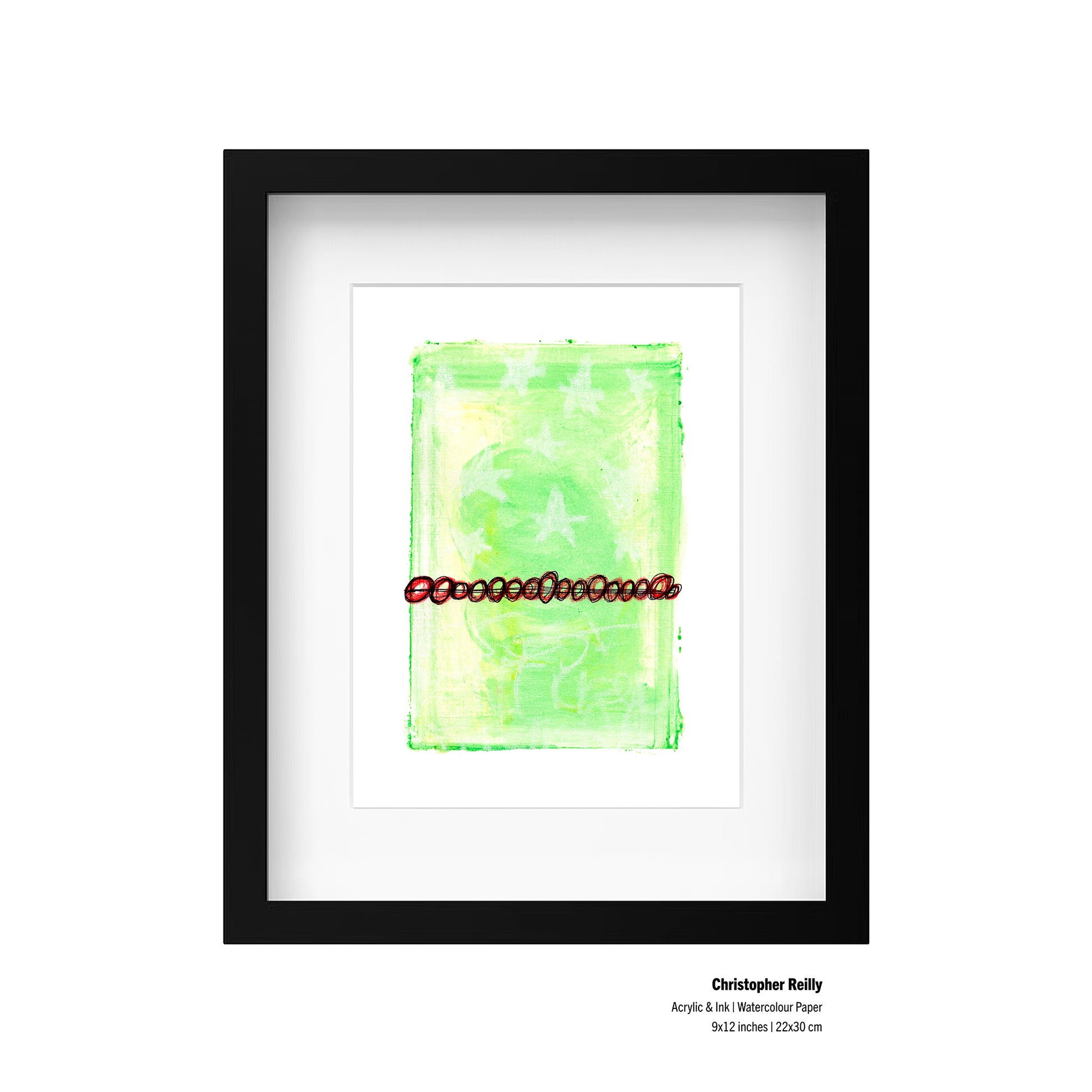Framed abstract painting featuring a textured light green rectangular composition with a horizontal red dotted line, presented in a black frame with a white mat. The painting is displayed on a clean white background with artist text details at the bottom right.