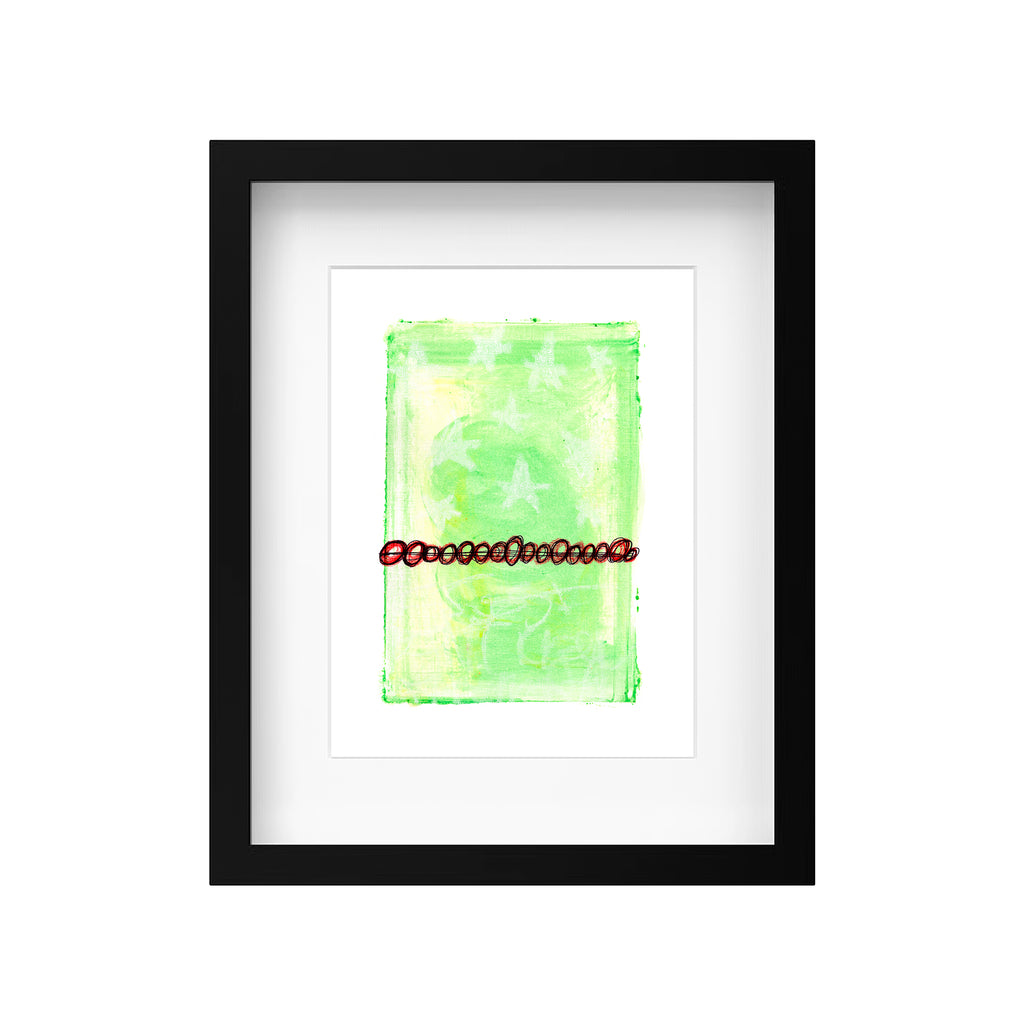 Original lime green and yellow abstract artwork by Canadian artist Christopher Reilly displayed in a modern black frame with a white mat.