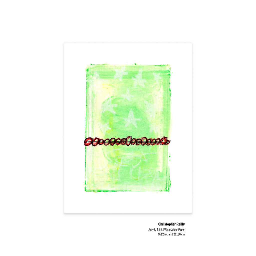 9x12 inch lime green abstract painting on paper by infamous Canadian underground artist Christopher Reilly with artist credits and sizing text in the margin.