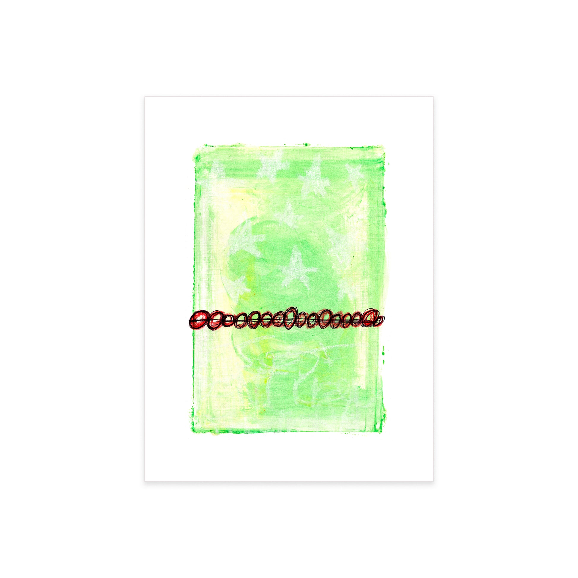 Flat lay view of original lime green post-graffiti abstract painting by infamous underground artist Christopher Reilly on white heavyweight watercolor paper.