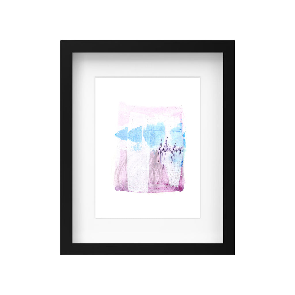 A product mockup showing Christopher Reilly's original mixed-media abstract artwork, Painting 122, styled inside a modern black frame with a crisp white mat board to highlight the soft pink, purple, and blue composition.