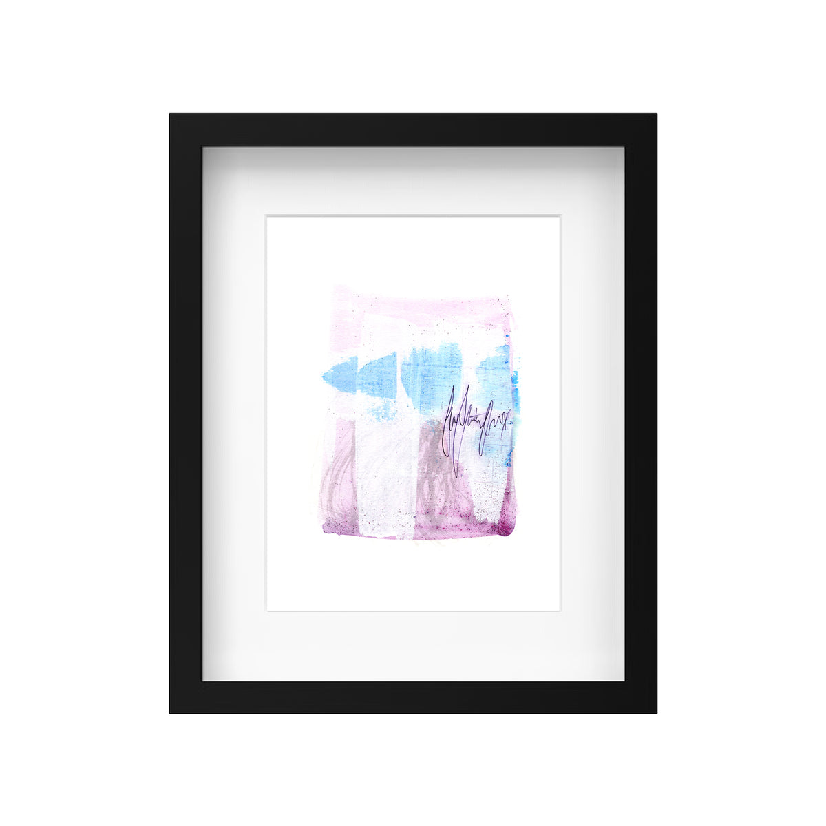 A product mockup showing Christopher Reilly's original mixed-media abstract artwork, Painting 122, styled inside a modern black frame with a crisp white mat board to highlight the soft pink, purple, and blue composition.