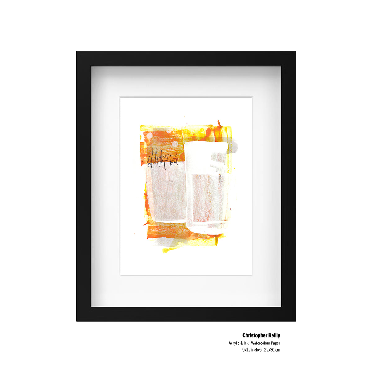 A framed presentation mockup of Painting 150 by Christopher Reilly, showcasing an artist specification label in the bottom right corner reading: Christopher Reilly, Acrylic & Ink | Watercolour Paper, 9x12 inches | 22x30 cm.
