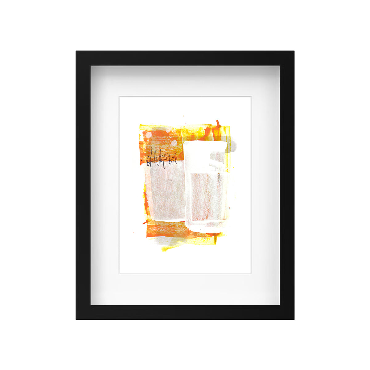 A product mockup showing Christopher Reilly's original mixed-media abstract artwork, Painting 150, styled inside a modern black frame with a crisp white mat board to highlight the warm orange, white, and yellow composition.