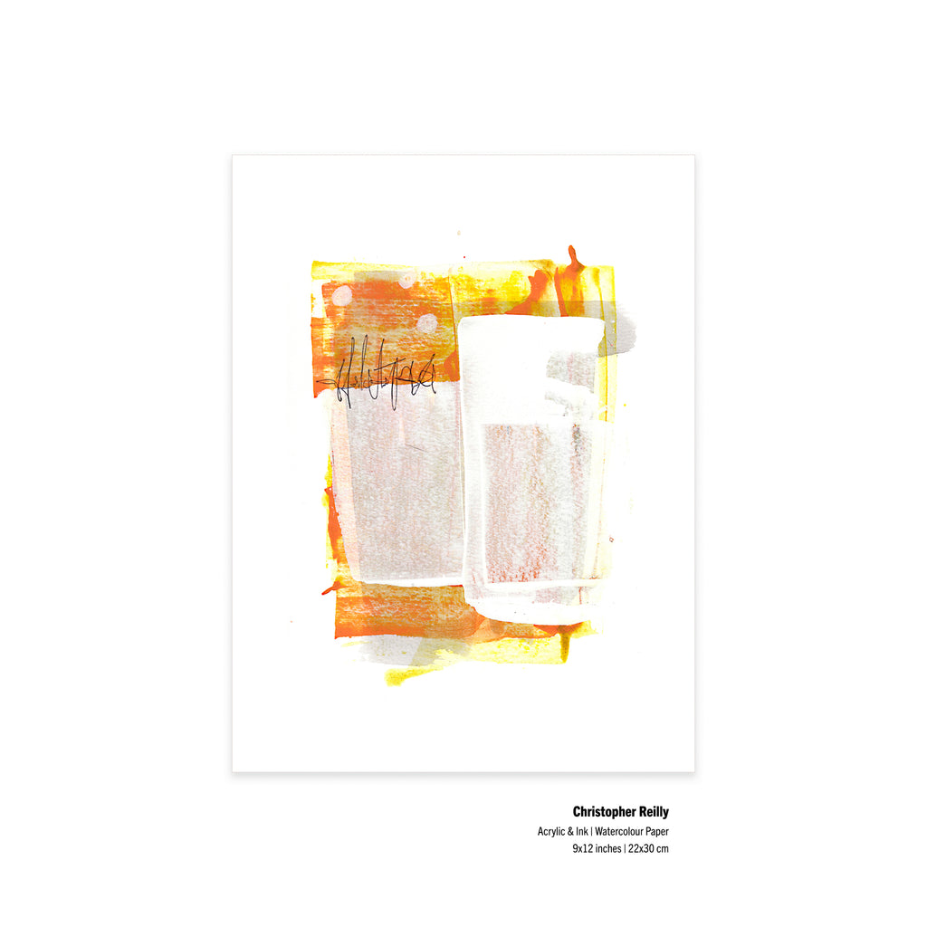 An unframed view of the original artwork Painting 150 by Canadian artist Christopher Reilly on paper, displaying neat metadata labels at the bottom right corner outlining the 9x12 inch dimensions and materials.