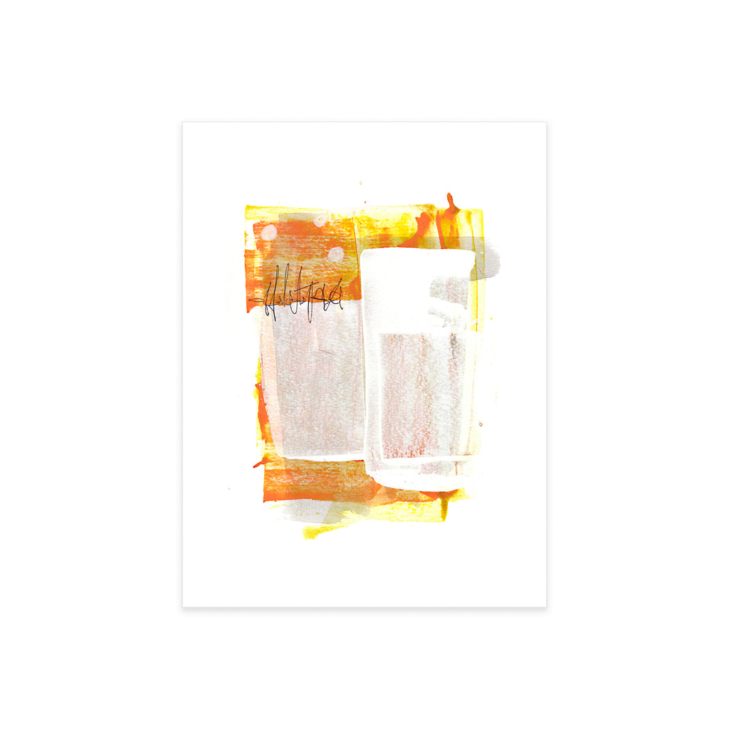 A high-resolution product shot of Painting 150 by Christopher Reilly on white watercolor paper, highlighting the fine texture of the layered acrylic background, the faint white polka dots, and the precise black ink script detail.
