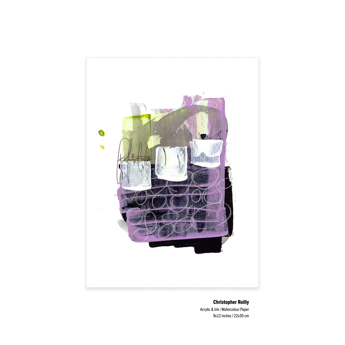 An unframed view of the original artwork Painting 157 by Canadian artist Christopher Reilly on paper, displaying neat metadata labels at the bottom right corner outlining the 9x12 inch dimensions and materials.