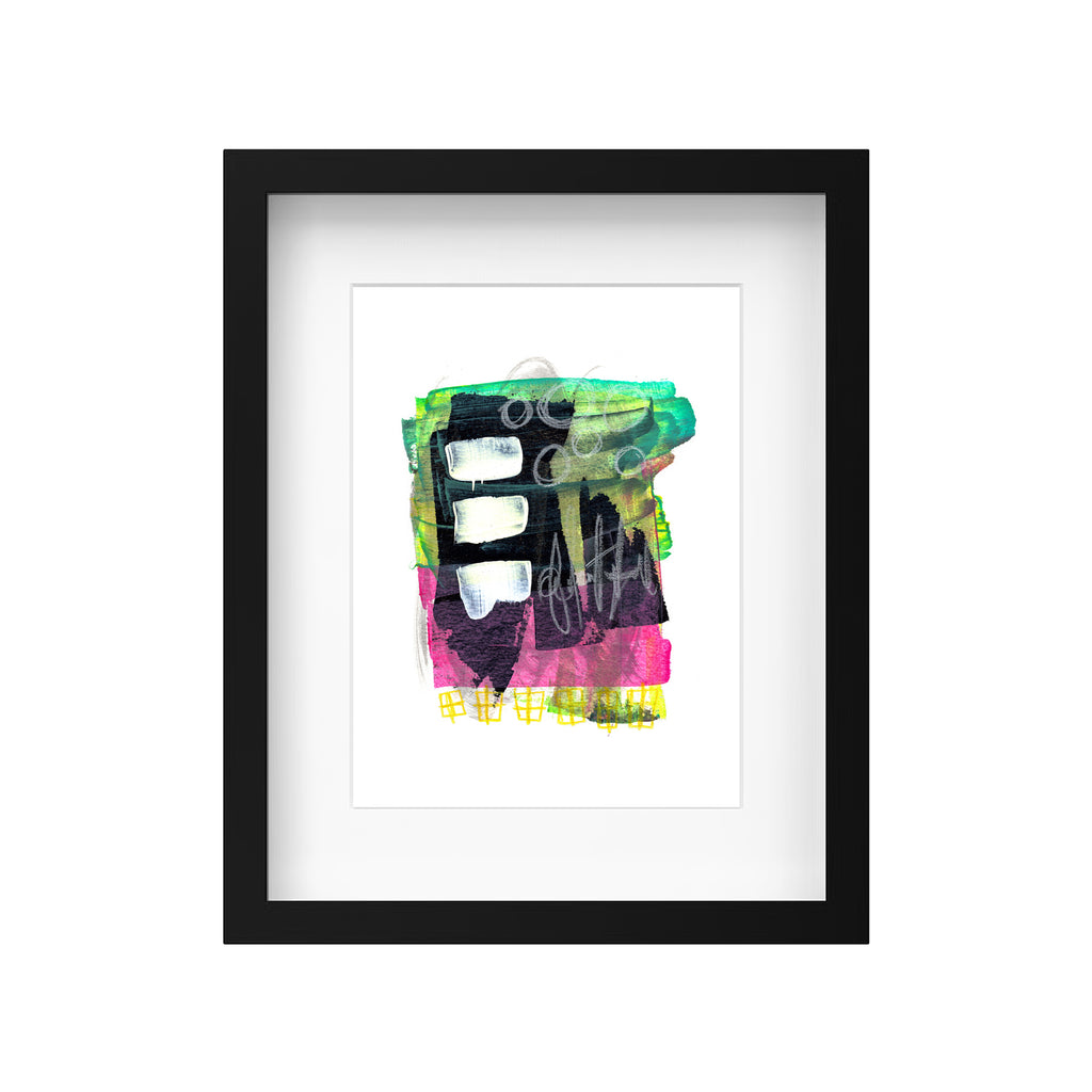 A product mockup showing Christopher Reilly's original mixed-media abstract artwork, Painting 159, styled inside a modern black frame with a crisp white mat board to highlight the vibrant teal, pink, and neon yellow composition.