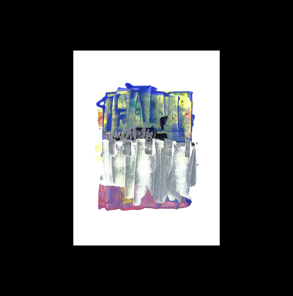 An original 9x12-inch contemporary abstract painting titled Painting 163 by Christopher Reilly, featuring an upper background of blue and chartreuse and a lower background of magenta, separated by a heavy fringe of vertical metallic silver brushstrokes and a black ink script in the center, set on a white paper sheet over a black backdrop.