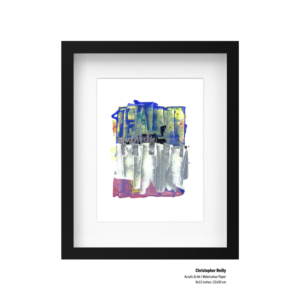 A framed presentation mockup of Painting 163 by Christopher Reilly, showcasing an artist specification label in the bottom right corner reading: Christopher Reilly, Acrylic & Ink | Watercolour Paper, 9x12 inches | 22x30 cm.
