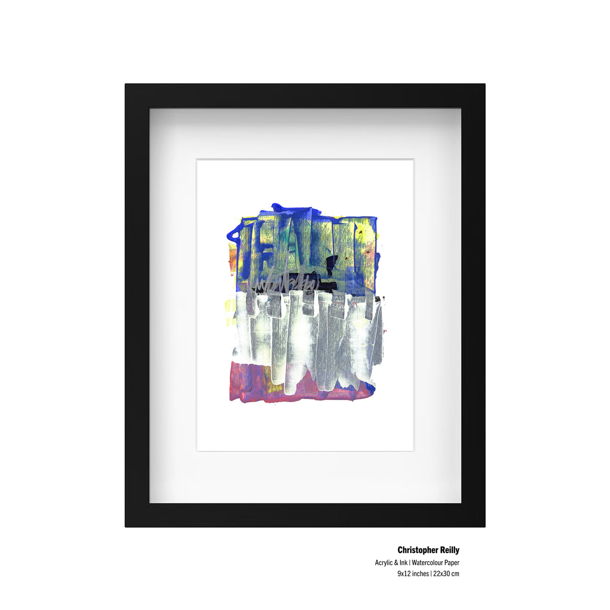 A framed presentation mockup of Painting 163 by Christopher Reilly, showcasing an artist specification label in the bottom right corner reading: Christopher Reilly, Acrylic & Ink | Watercolour Paper, 9x12 inches | 22x30 cm.