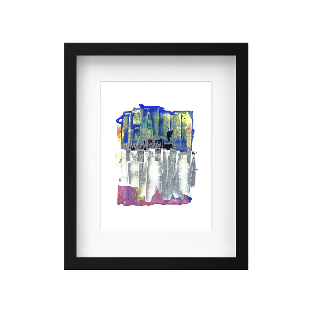 A product mockup showing Christopher Reilly's original mixed-media abstract artwork, Painting 163, styled inside a modern black frame with a crisp white mat board to highlight the vibrant silver, blue, yellow, and magenta composition.