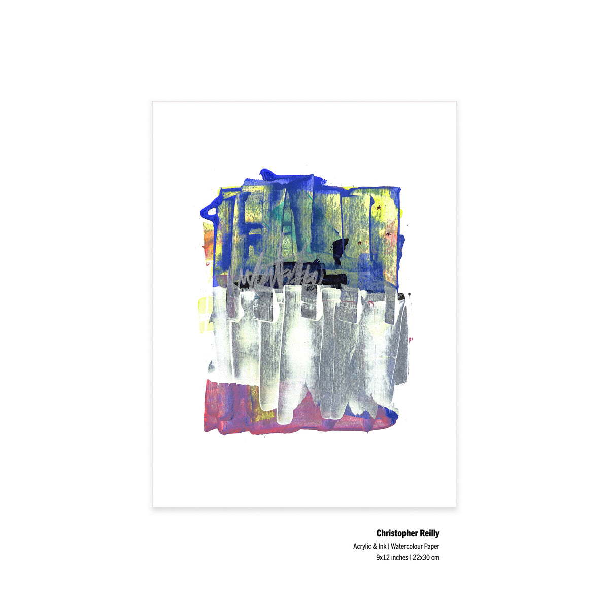 An unframed flat-lay view of the original artwork Painting 163 by Canadian artist Christopher Reilly on paper, displaying neat metadata labels at the bottom right corner outlining the 9x12 inch dimensions and materials.