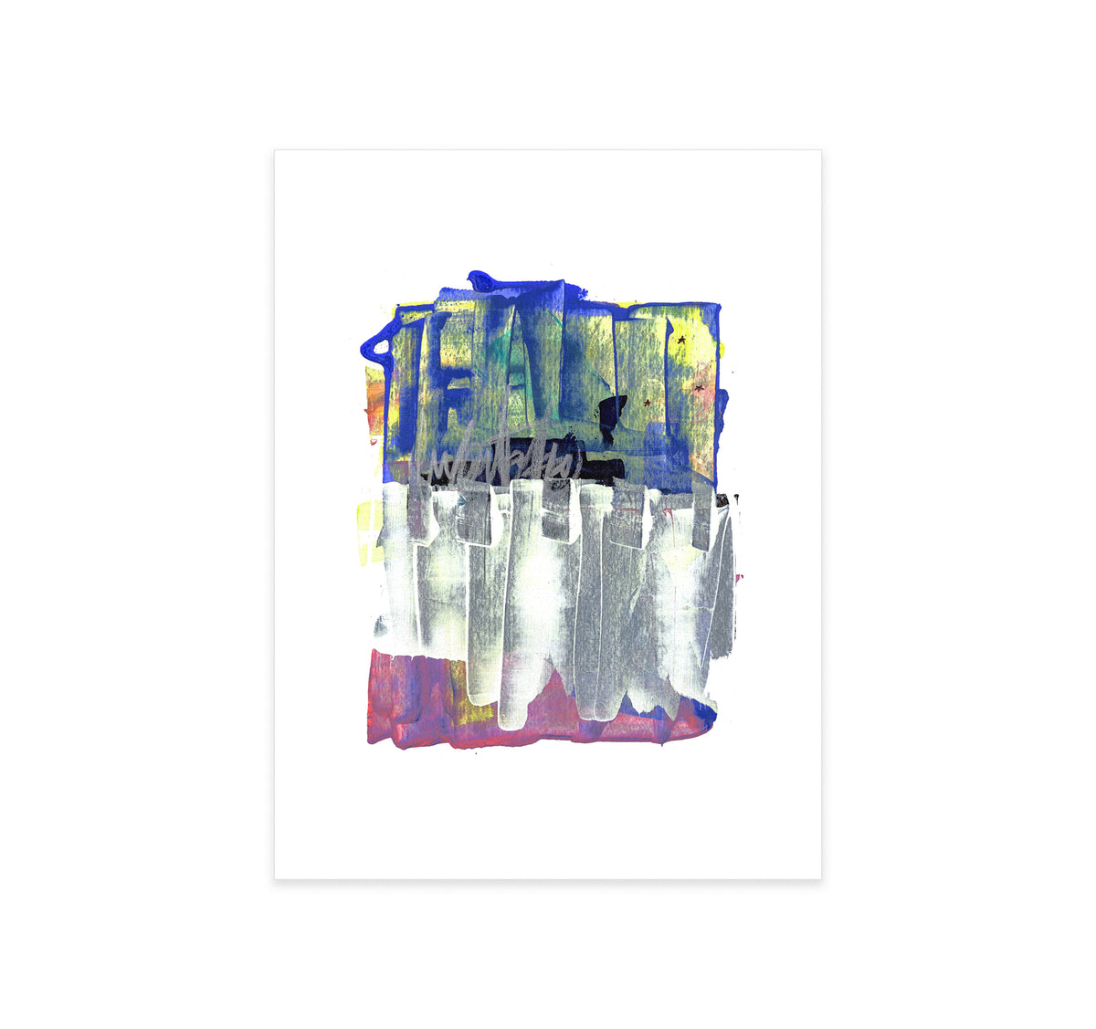 A high-resolution product shot of Painting 163 by Christopher Reilly on white watercolor paper, highlighting the thick textures of the blue acrylic block, the metallic sheen of the silver brushstrokes, and the precise fluid details of the central ink markings.