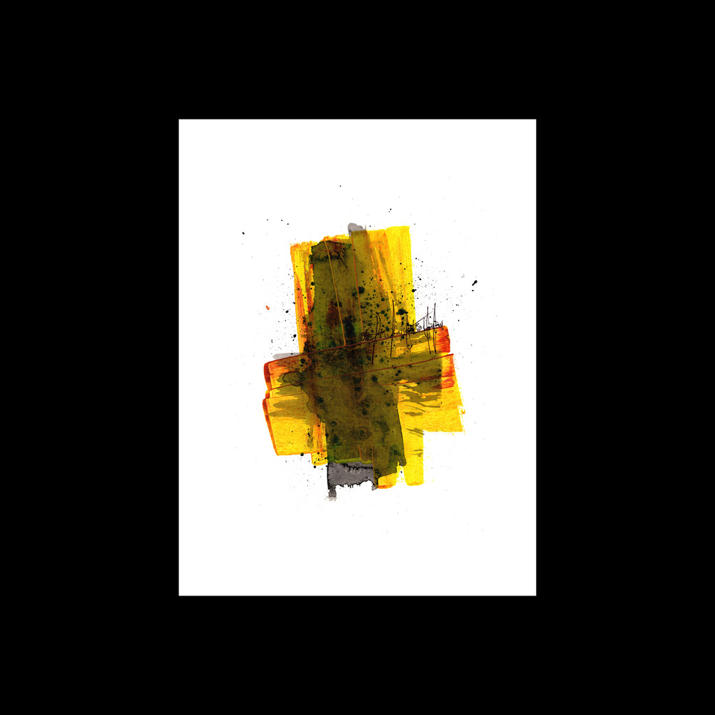 An original 9x12-inch abstract painting titled Painting 179 by Christopher Reilly, displaying a central cross-like composition of mustard yellow and amber orange blocks layered with a smoky vertical wash of olive green paint and fine black ink line details, set on a white paper sheet over a black backdrop.