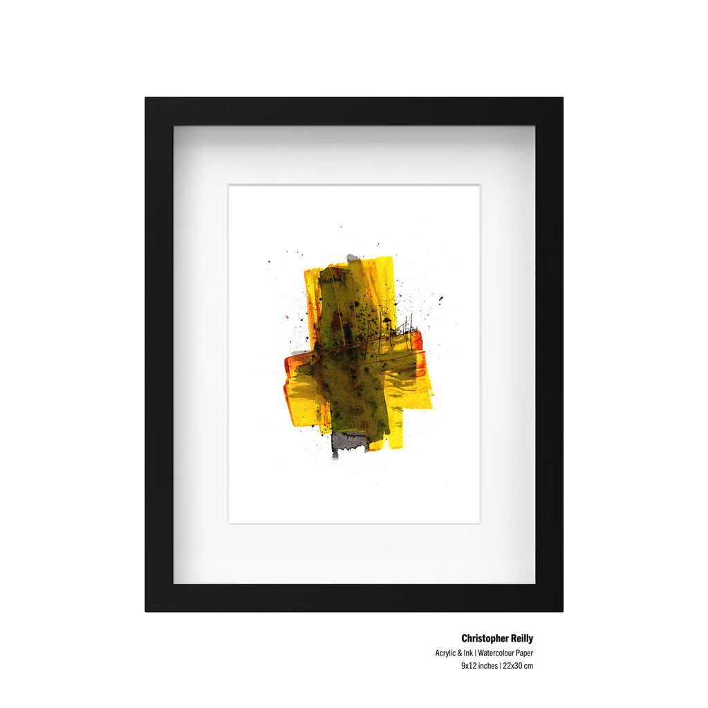 A framed presentation mockup of Painting 179 by Christopher Reilly, showcasing an artist specification label in the bottom right corner reading: Christopher Reilly, Acrylic & Ink | Watercolour Paper, 9x12 inches | 22x30 cm.