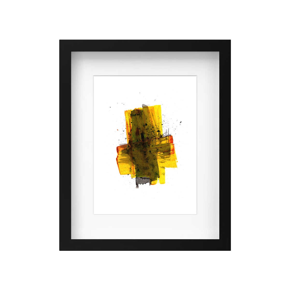 A product mockup showing Christopher Reilly's original mixed-media abstract artwork, Painting 179, styled inside a modern black frame with a crisp white mat board to highlight the warm yellow, orange, and olive green composition.