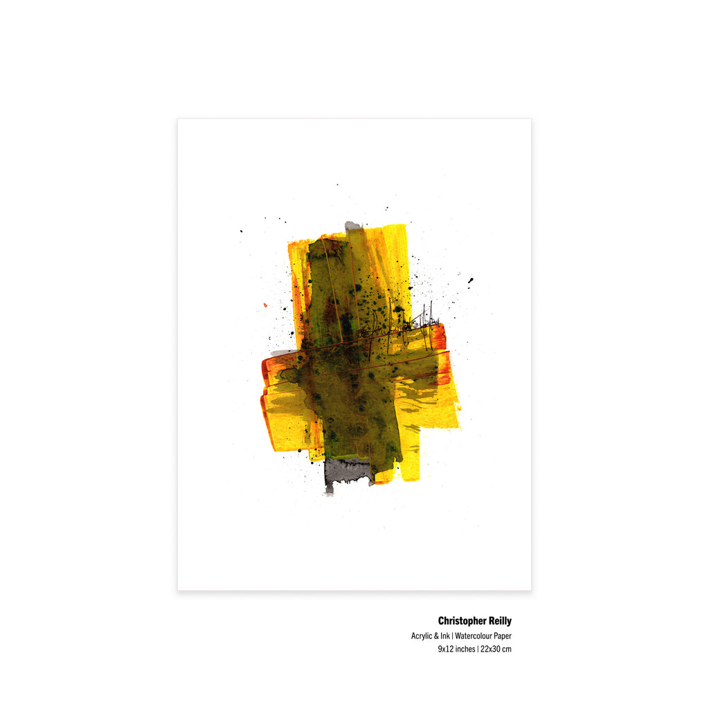 An unframed view of the original artwork Painting 179 by Canadian artist Christopher Reilly on textured paper, displaying neat metadata labels at the bottom right corner outlining the 9x12 inch dimensions.