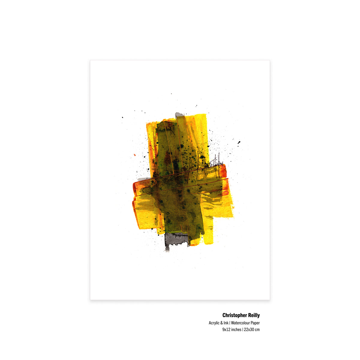 An unframed view of the original artwork Painting 179 by Canadian artist Christopher Reilly on textured paper, displaying neat metadata labels at the bottom right corner outlining the 9x12 inch dimensions.
