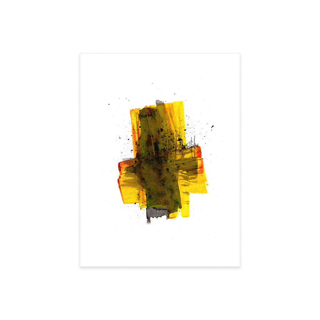 A high-resolution product shot of Painting 179 by Christopher Reilly on white watercolor paper, highlighting the fine texture of the yellow acrylic brushstrokes and the delicate black ink splatter detail spraying out from the center.