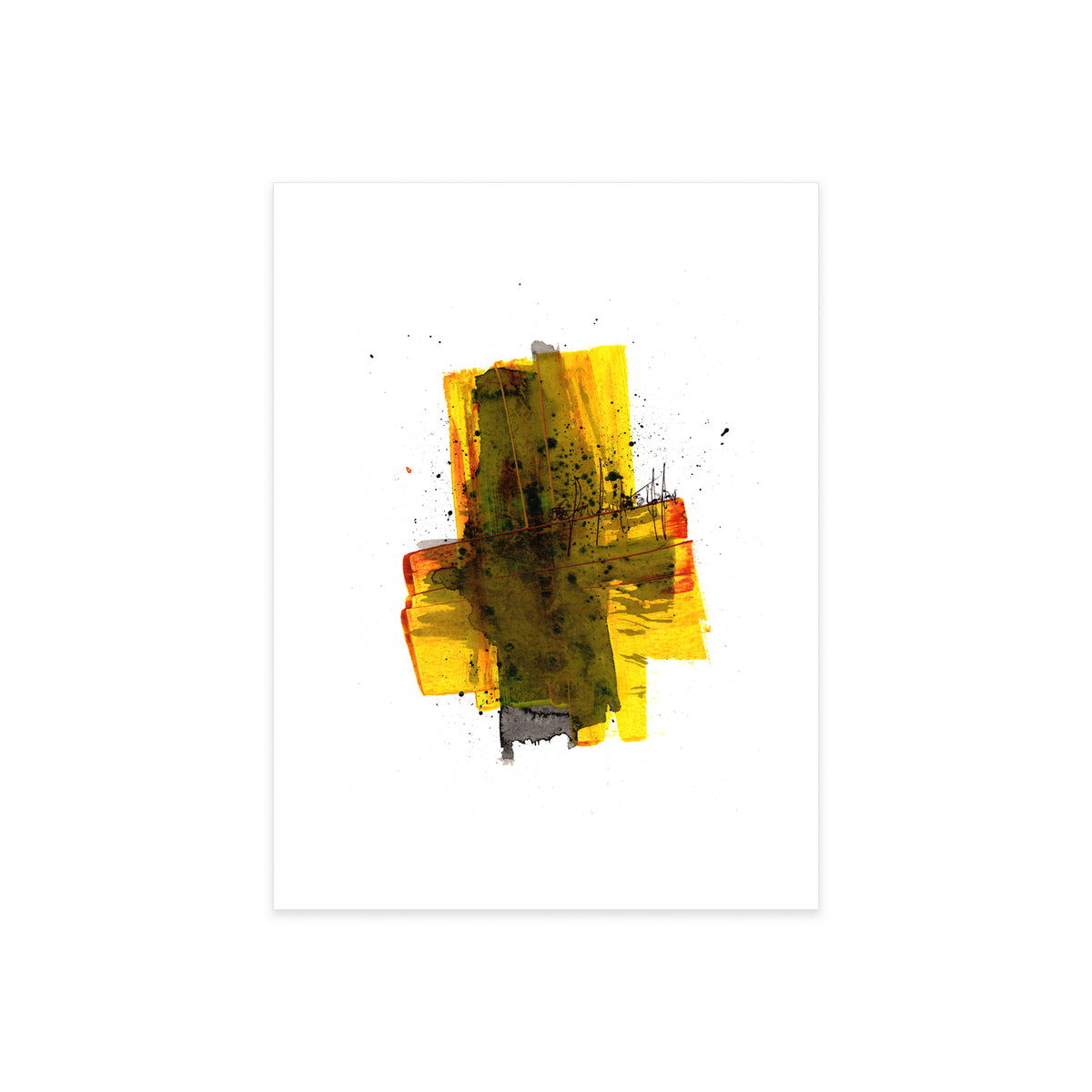 A high-resolution product shot of Painting 179 by Christopher Reilly on white watercolor paper, highlighting the fine texture of the yellow acrylic brushstrokes and the delicate black ink splatter detail spraying out from the center.