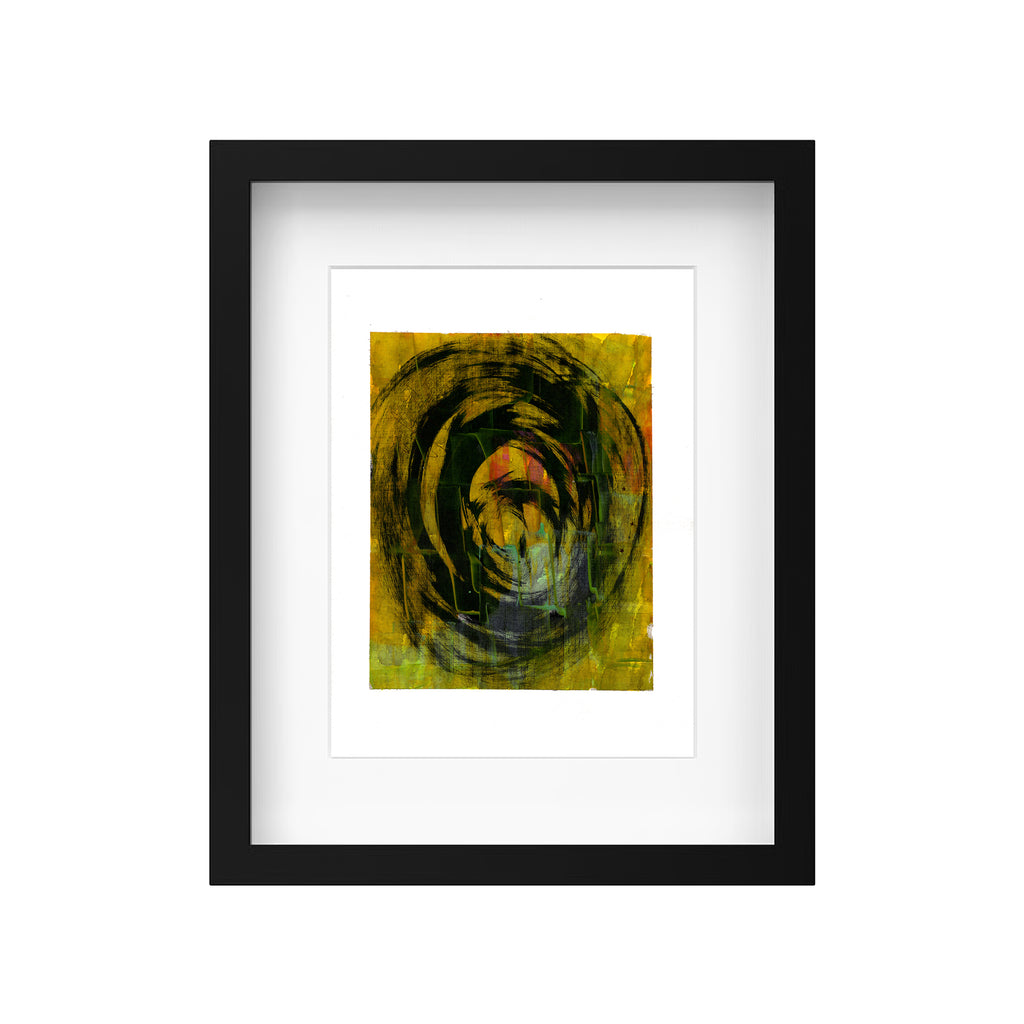 Original yellow and black abstract vortex painting by Christopher Reilly displayed in a modern black frame with a white mat.