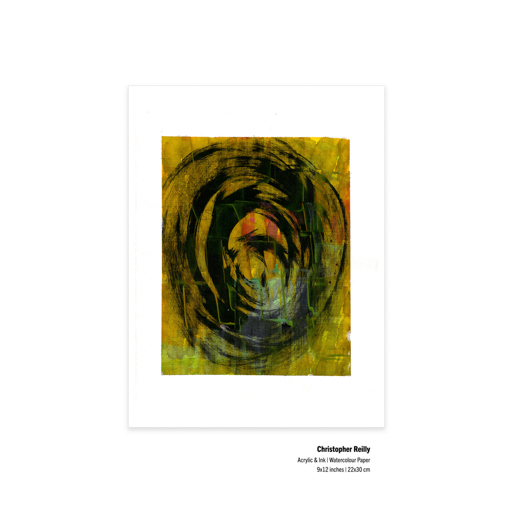 9x12 inch ochre abstract painting on paper by Christopher Reilly with artist credits and sizing text in the margin.