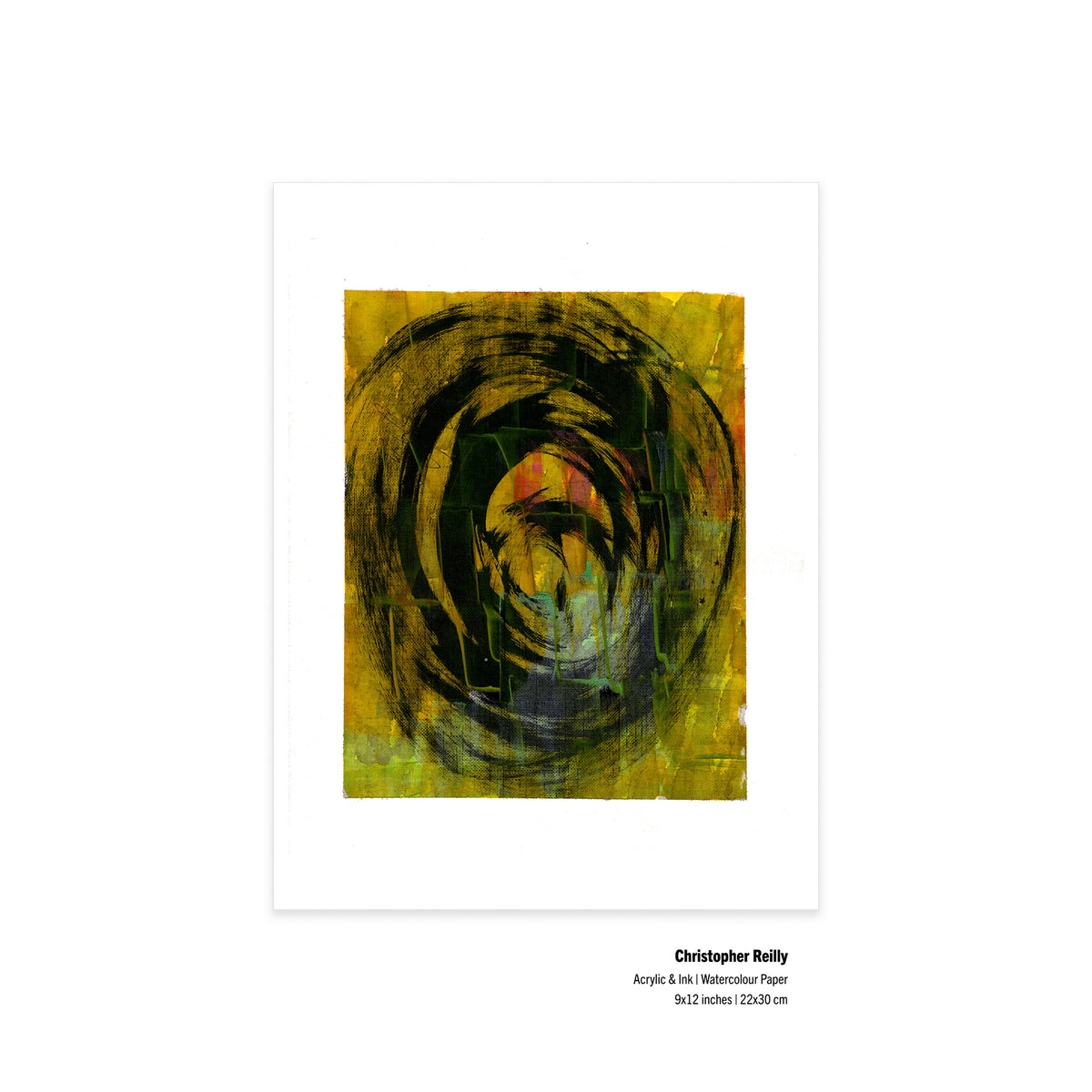 9x12 inch ochre abstract painting on paper by Christopher Reilly with artist credits and sizing text in the margin.