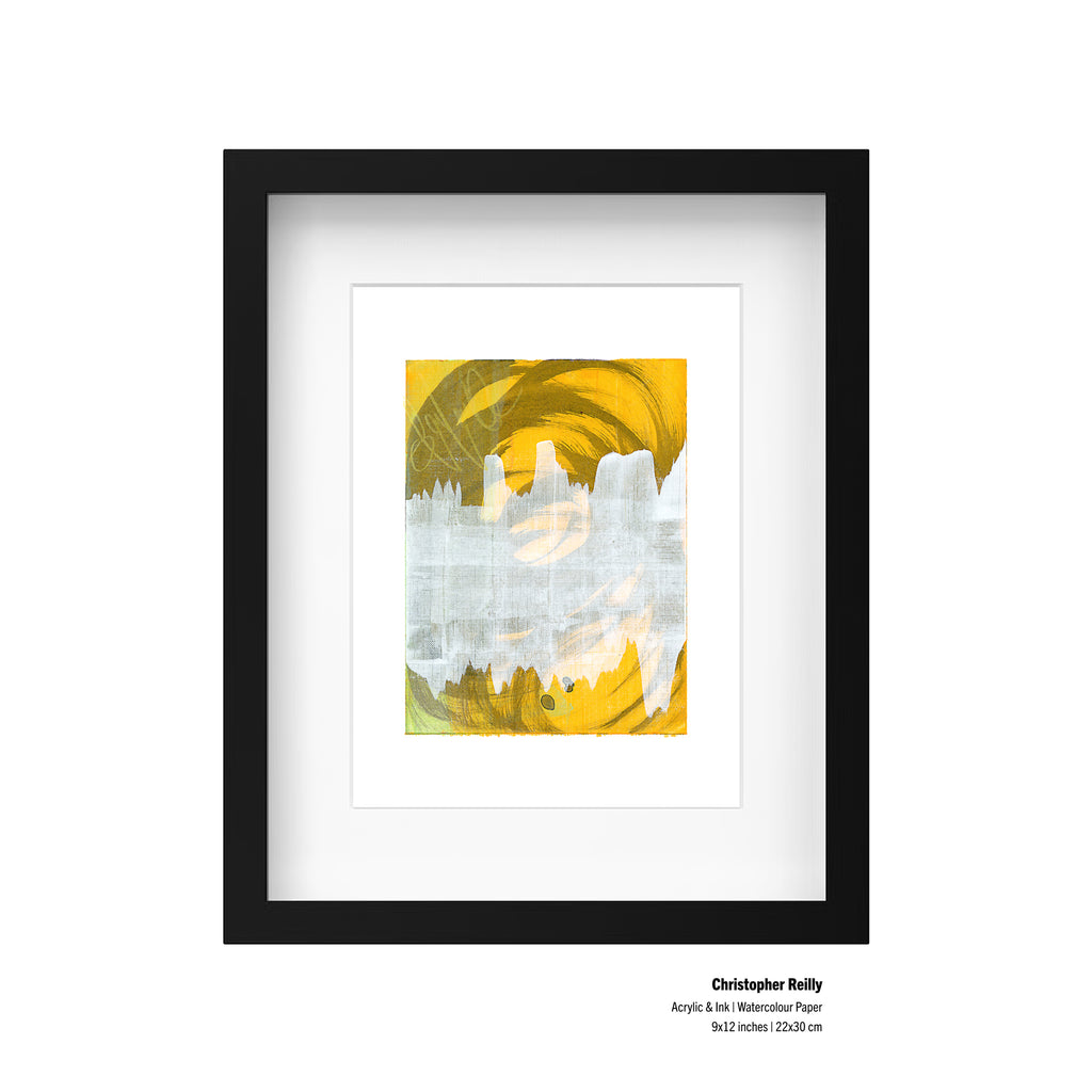Mockup display of Christopher Reilly abstract painting 195 with printed acrylic, ink, and size information text.