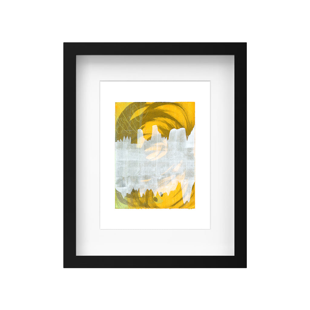 Framed 9x12 yellow and grey abstract painting by Christopher Reilly in a modern black frame with a clean white mat.