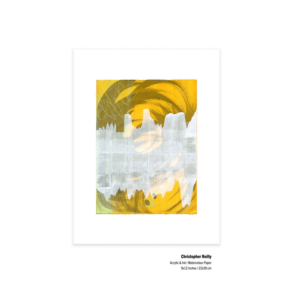 9x12 inch yellow abstract painting on watercolor paper by Christopher Reilly with fine art details printed in the margins.
