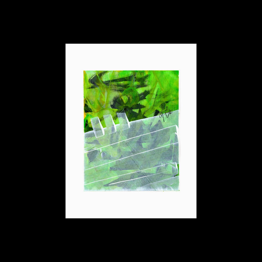 9x12 original abstract painting by Christopher Reilly. Lime green post-graffiti art with geometric white overlay blocks.
