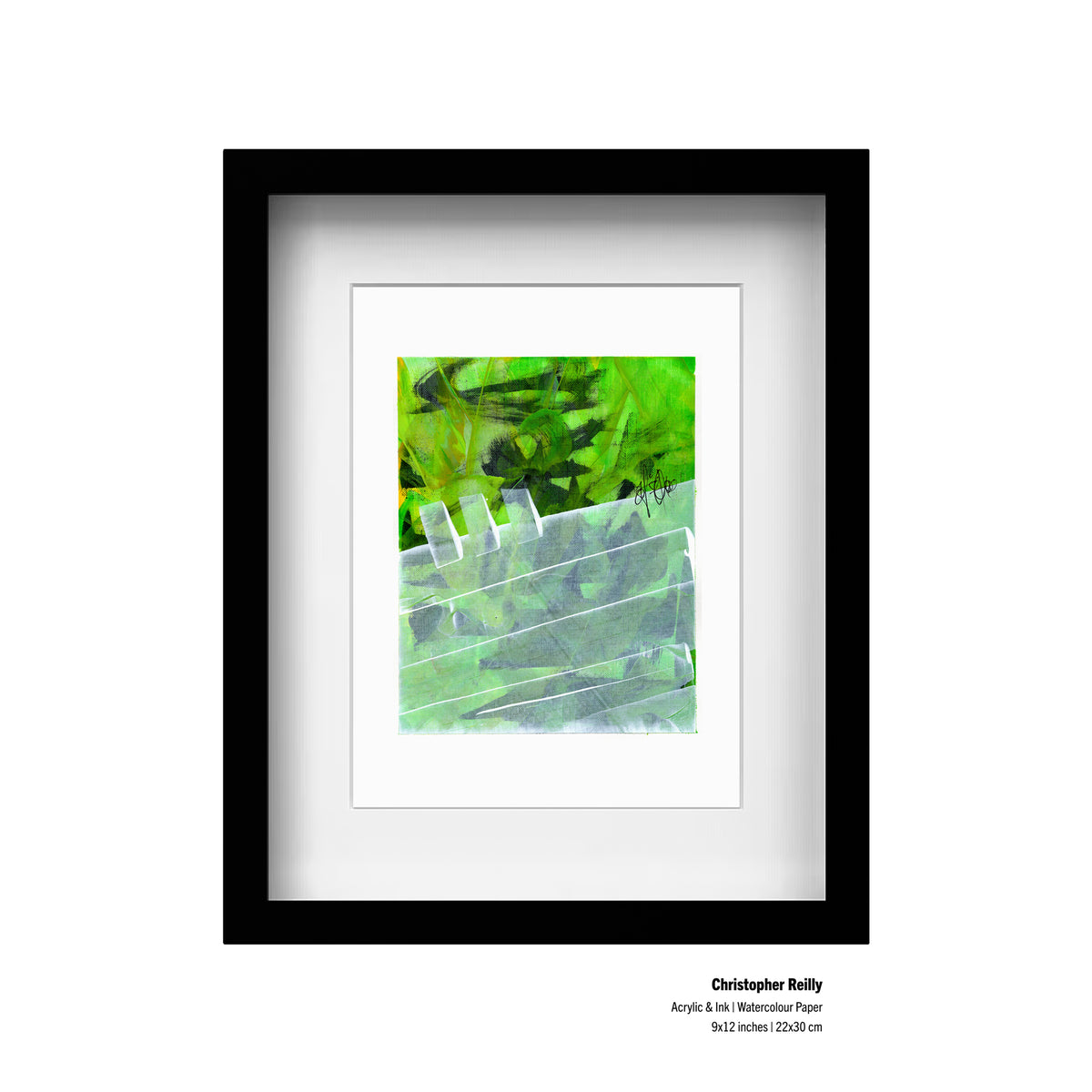 Mockup display of Christopher Reilly abstract painting 212 with printed acrylic, ink, and size information text.