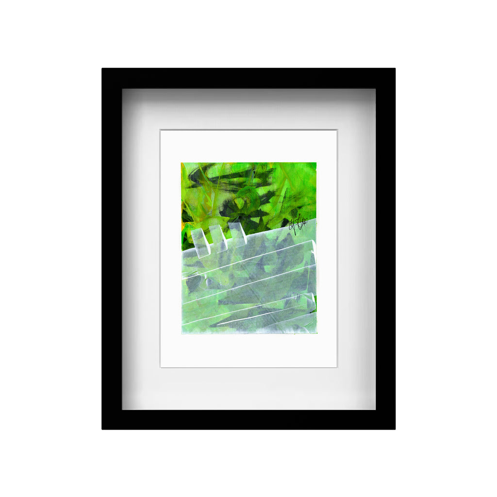 Framed 9x12 green and white abstract painting by Christopher Reilly in a modern black frame with a clean white mat.