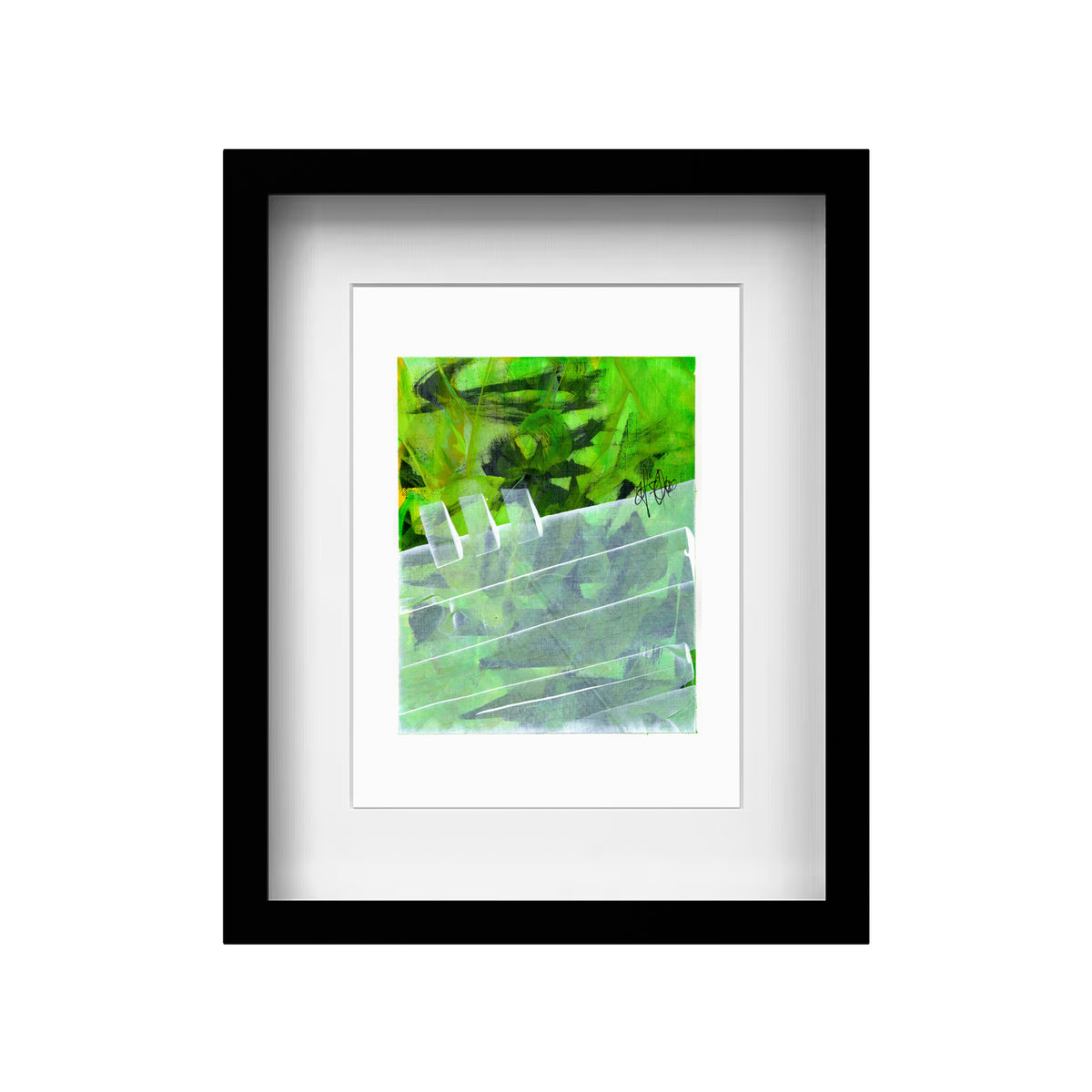 Framed 9x12 green and white abstract painting by Christopher Reilly in a modern black frame with a clean white mat.