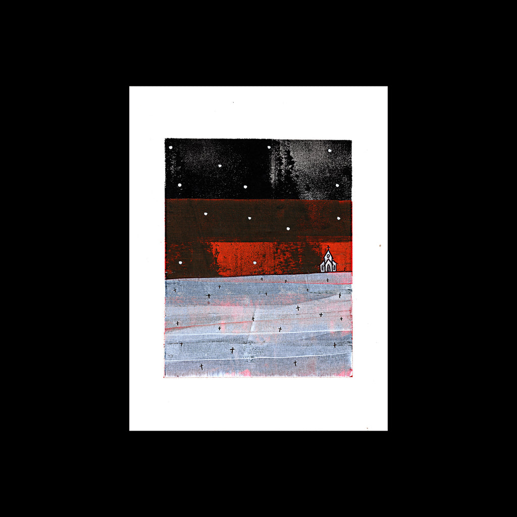 9x12 original abstract landscape painting by Christopher Reilly. Black and red starry sky with church icon.