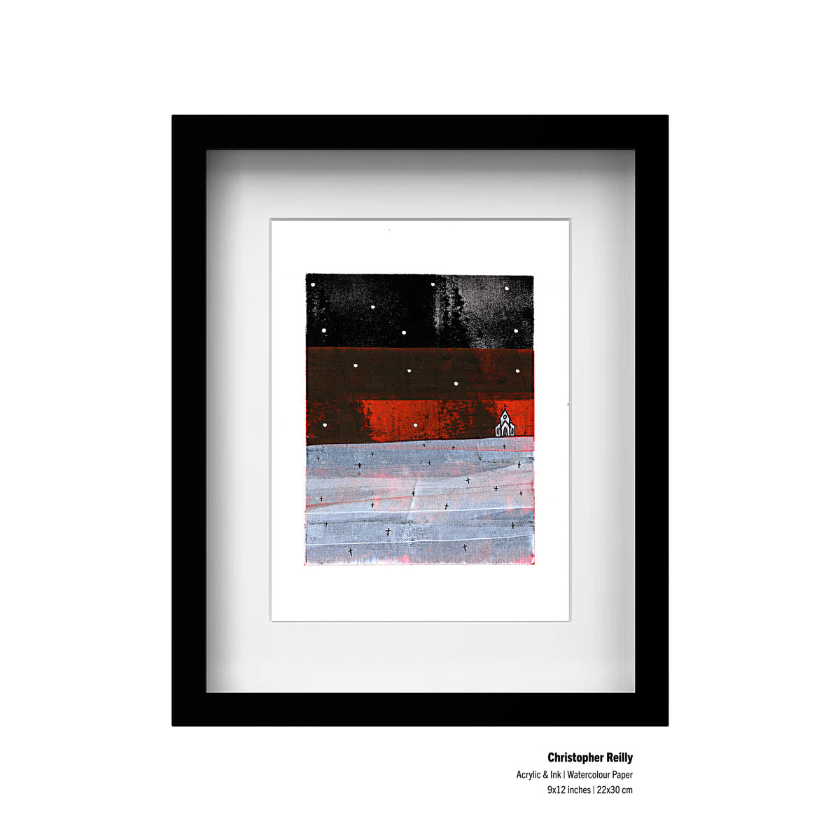 Framed 9x12 red and black abstract painting by Christopher Reilly in a modern black frame with a white mat.